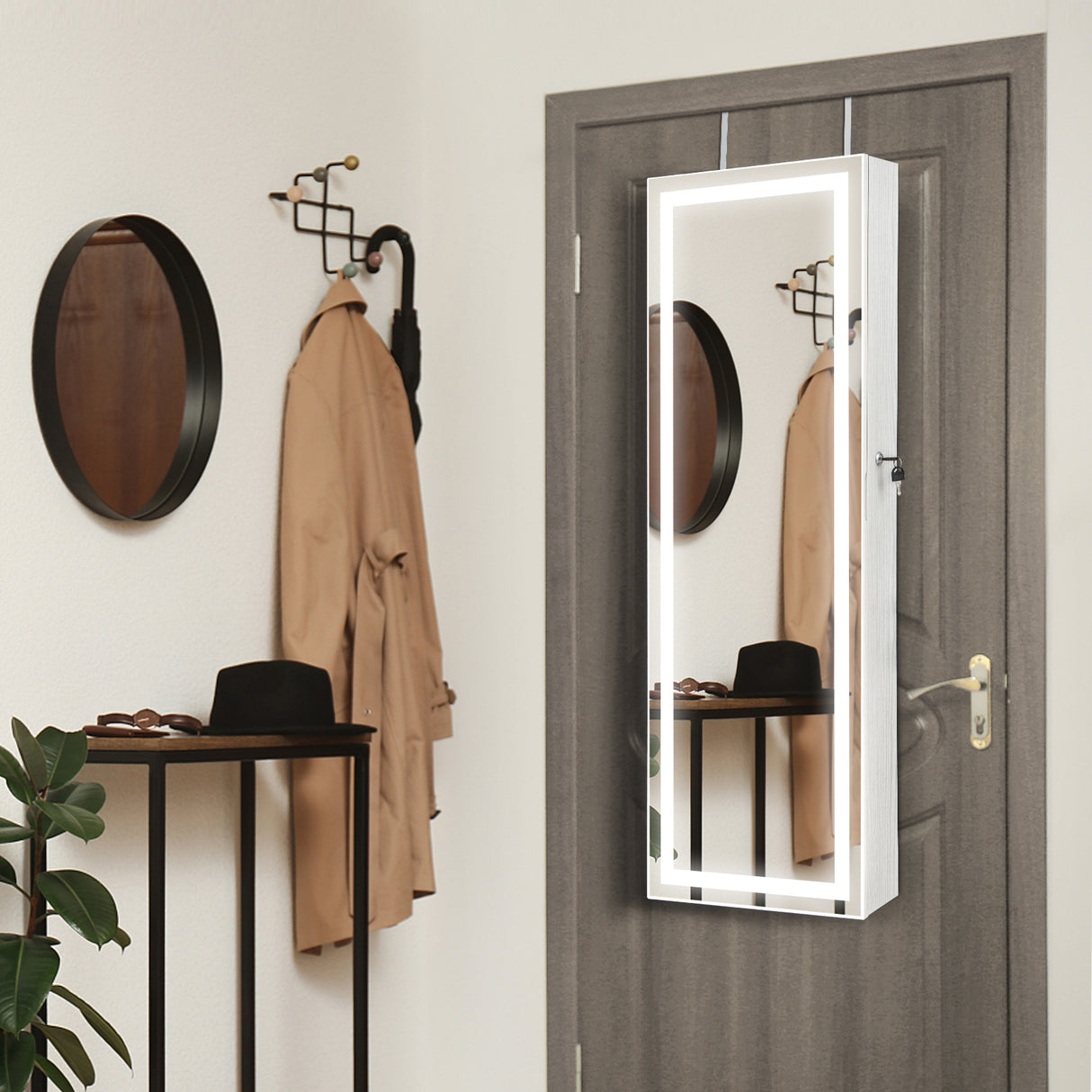 Mirrored Jewelry Armoire with Full Length Mirror and 2 Internal LED Lights