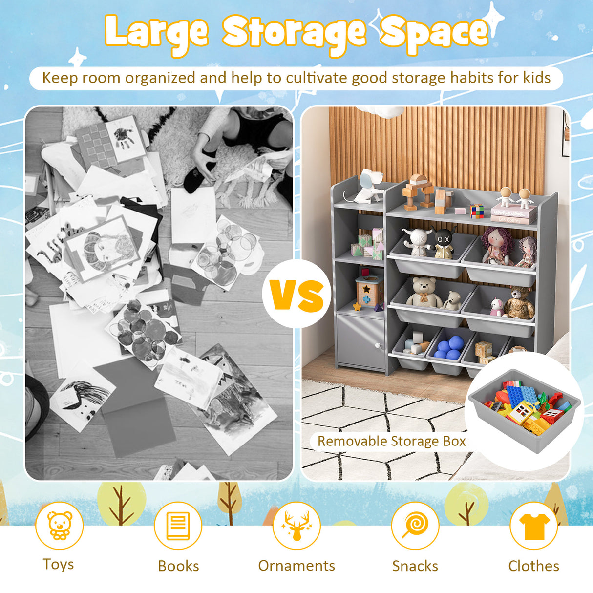 4-Tier Kids Bookshelf and Toy Storage Rack with 8 Toy Organizer Bins