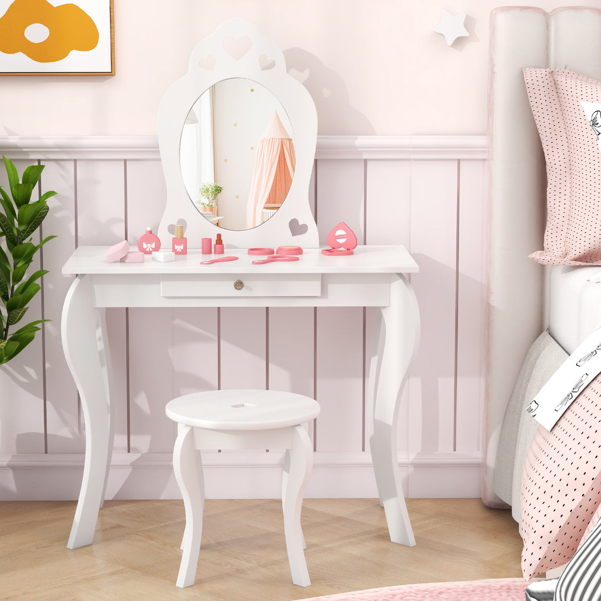 Kids Princess Makeup Dressing Play Table Set with Mirror