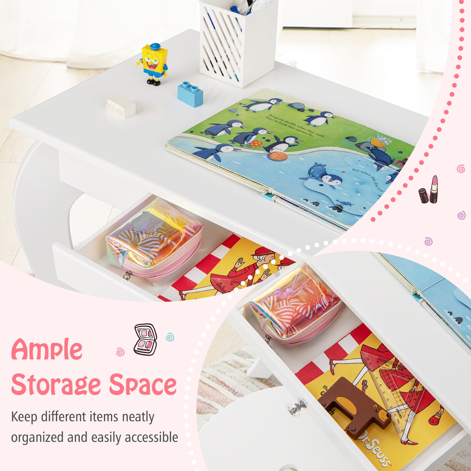 Kids Princess Makeup Dressing Play Table Set with Mirror