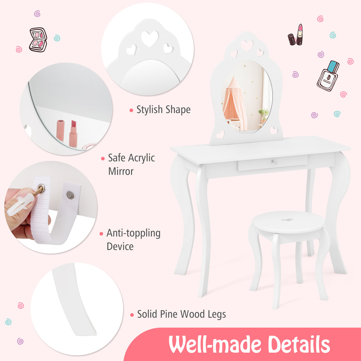 Kids Princess Makeup Dressing Play Table Set with Mirror