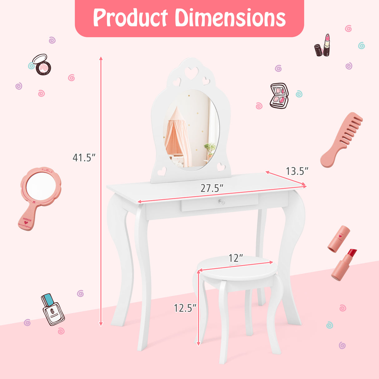Kids Princess Makeup Dressing Play Table Set with Mirror
