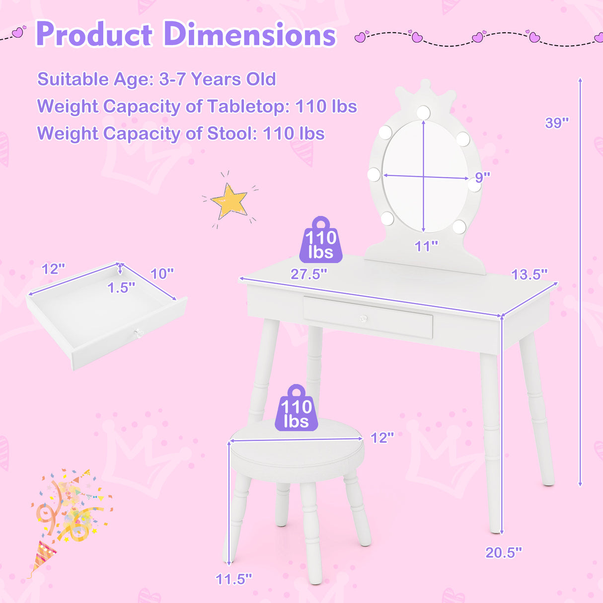 Kids Vanity Set with Lighted Mirror with Adjustable Brightness and Large Drawer