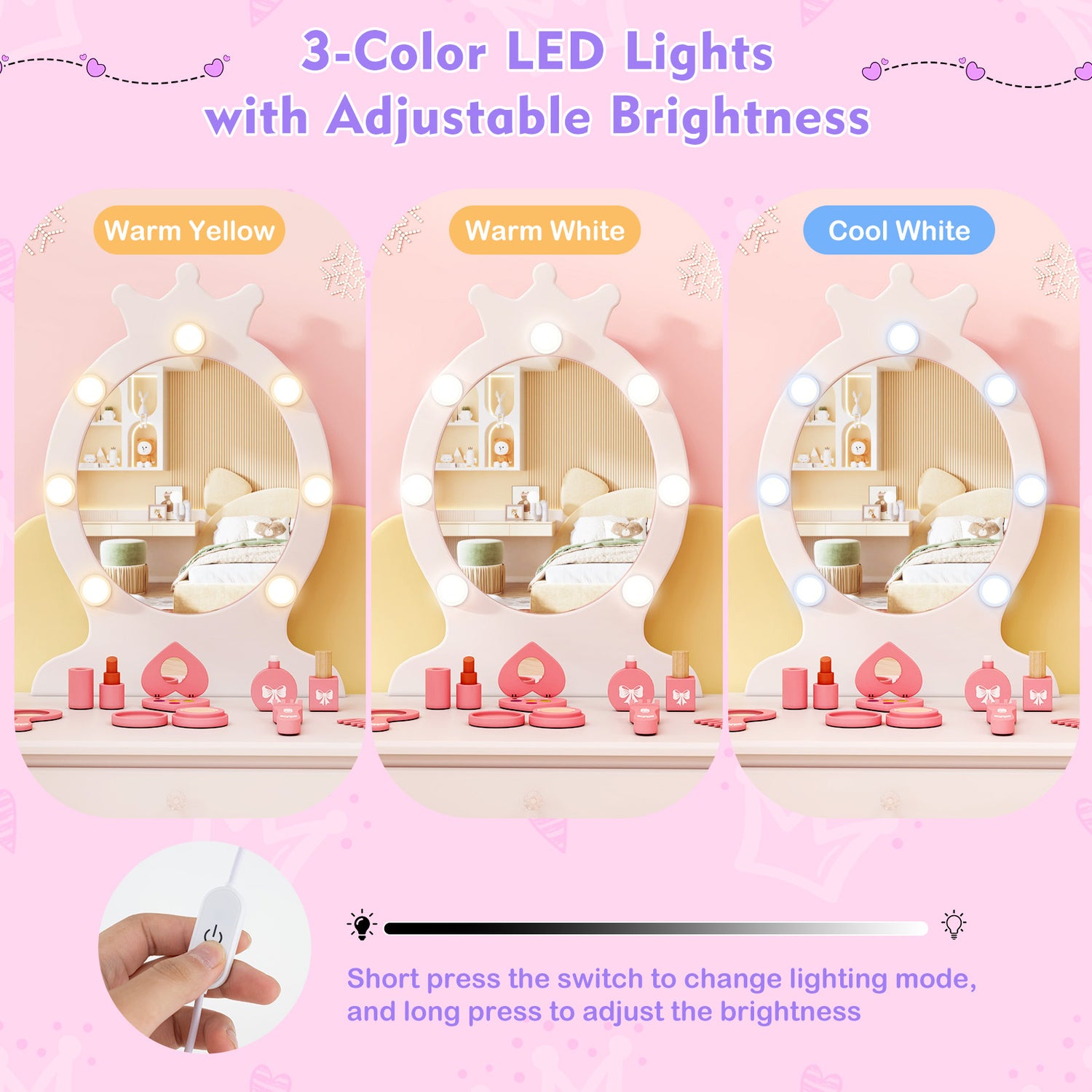 Kids Vanity Set with Lighted Mirror with Adjustable Brightness and Large Drawer
