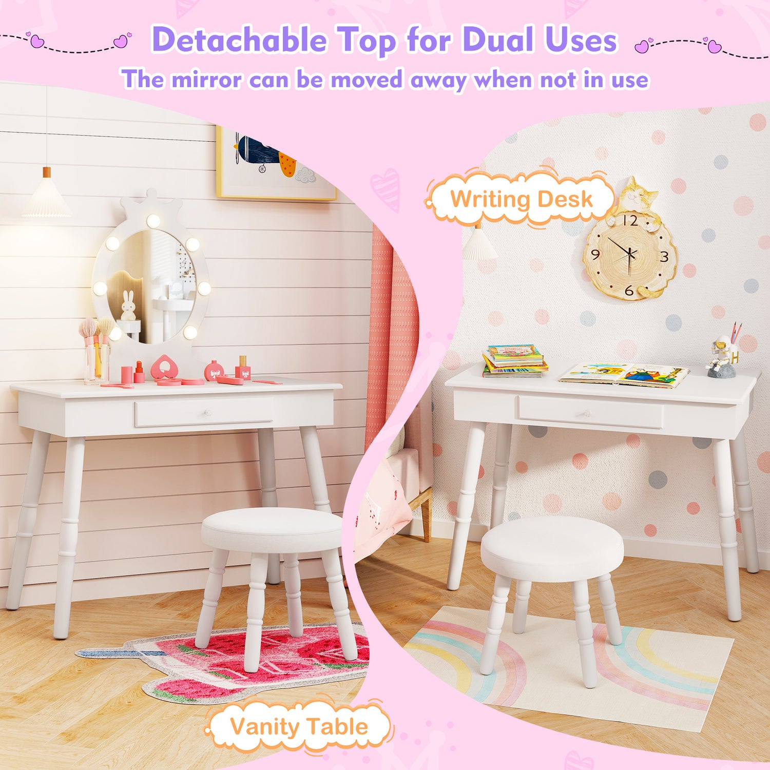 Kids Vanity Set with Lighted Mirror with Adjustable Brightness and Large Drawer