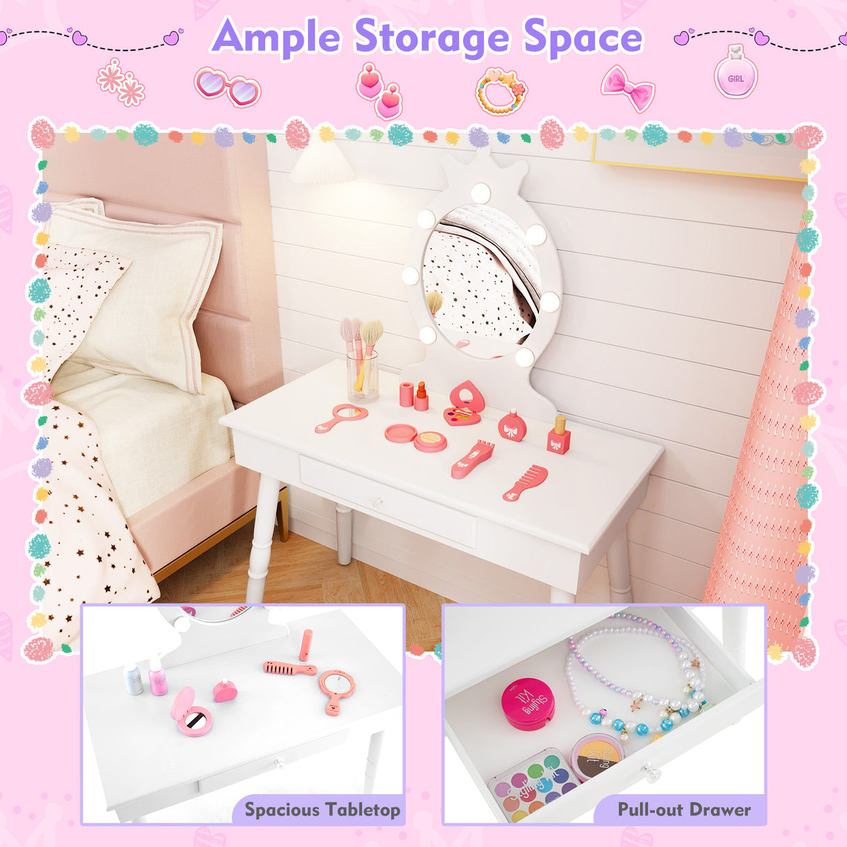 Kids Vanity Set with Lighted Mirror with Adjustable Brightness and Large Drawer