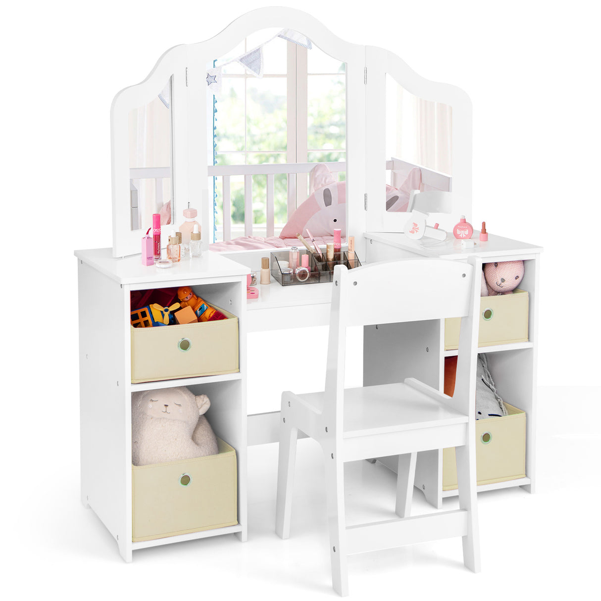 Kids Vanity Table and Chair Set with Removable Mirrors and 4 Storage Bins