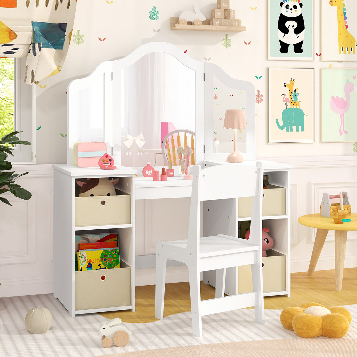 Kids Vanity Table and Chair Set with Removable Mirrors and 4 Storage Bins