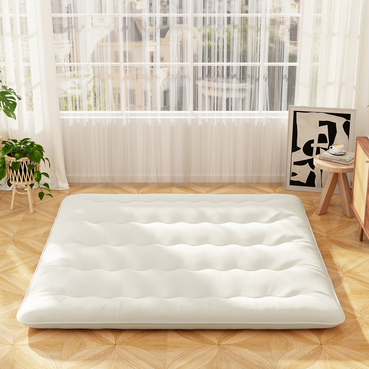 Queen/King/Twin/Full Futon Mattress Floor Sleeping Pad with Washable Cover Beige