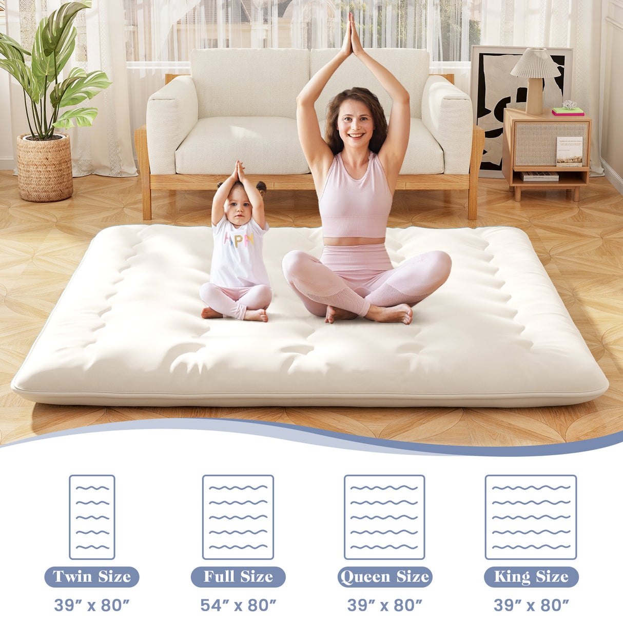 Queen/King/Twin/Full Futon Mattress Floor Sleeping Pad with Washable Cover Beige