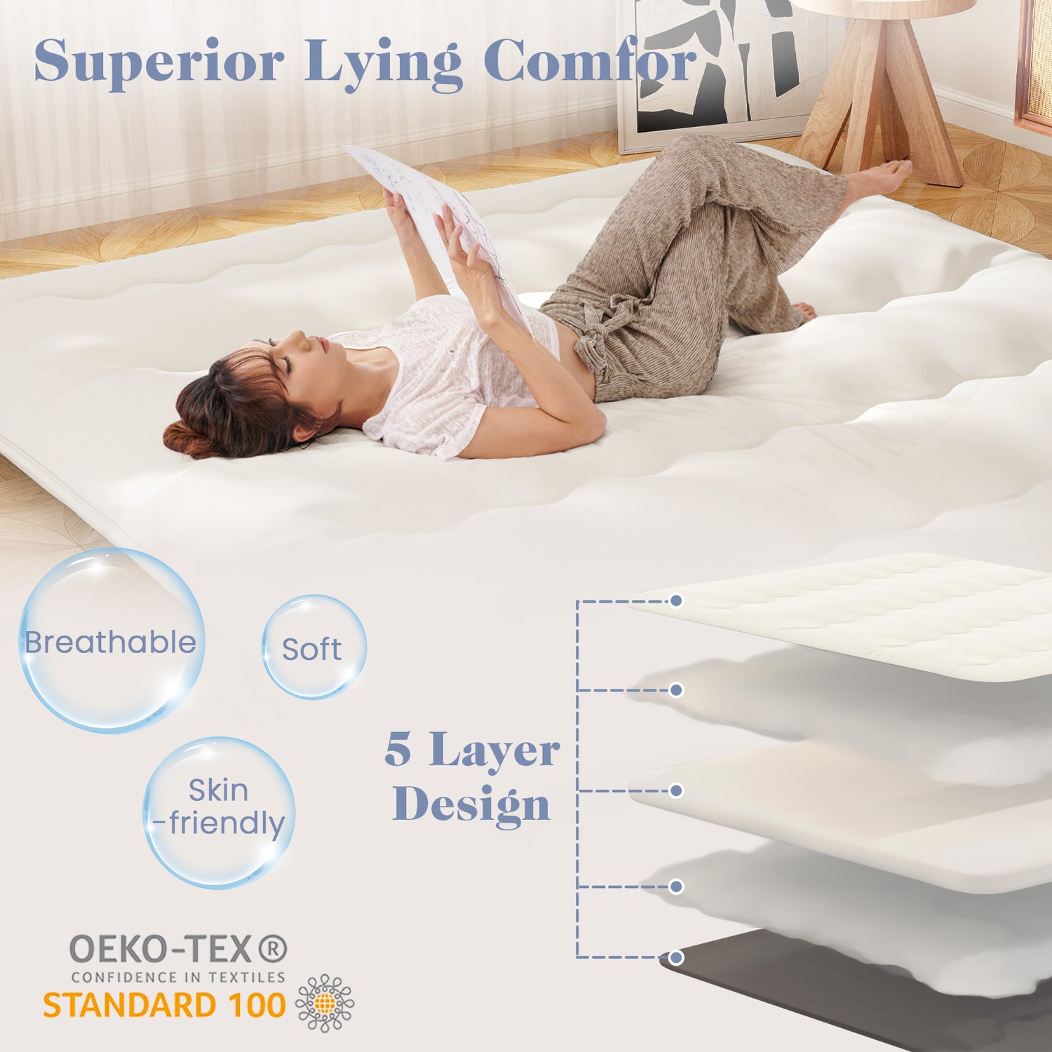 Queen/King/Twin/Full Futon Mattress Floor Sleeping Pad with Washable Cover Beige