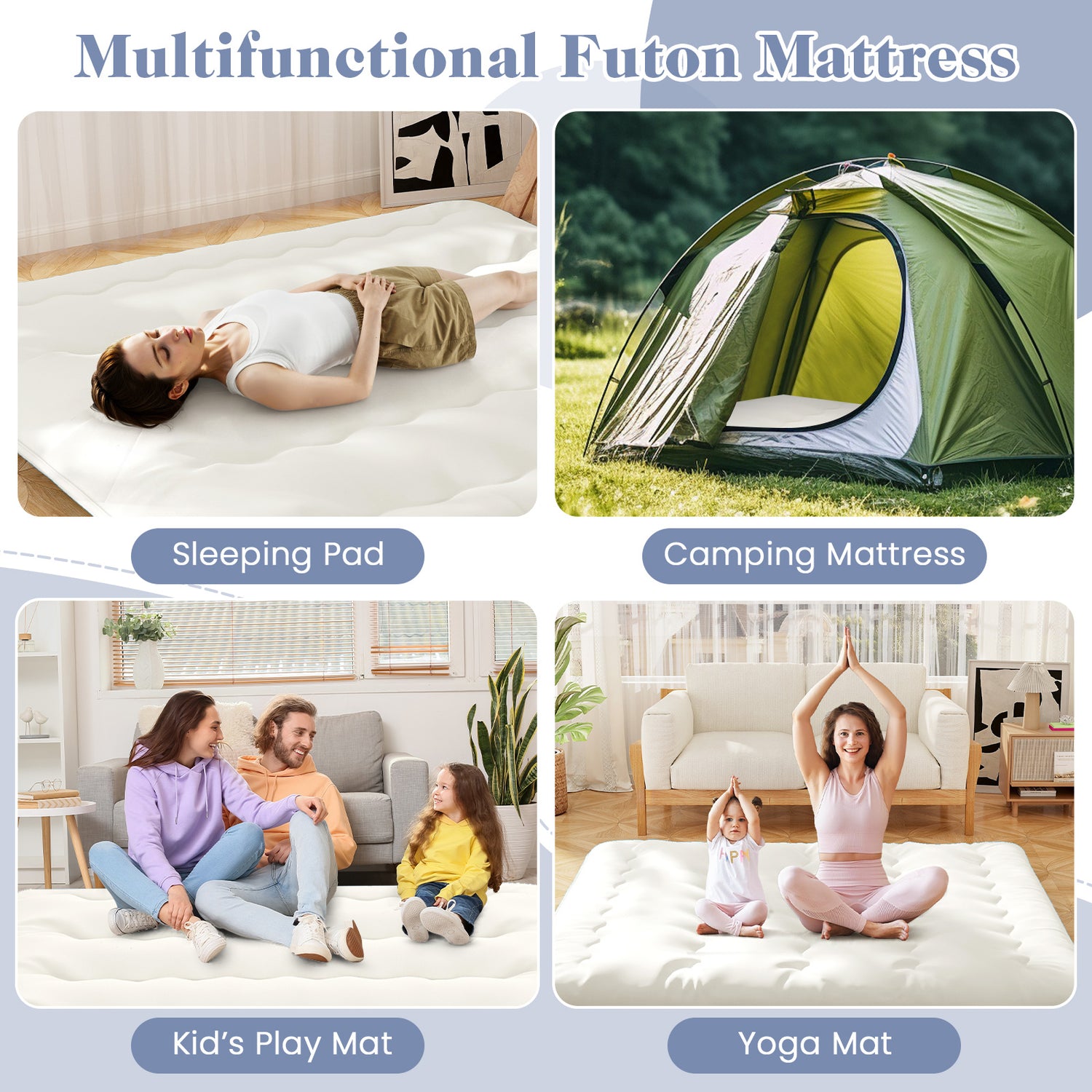 Queen/King/Twin/Full Futon Mattress Floor Sleeping Pad with Washable Cover Beige