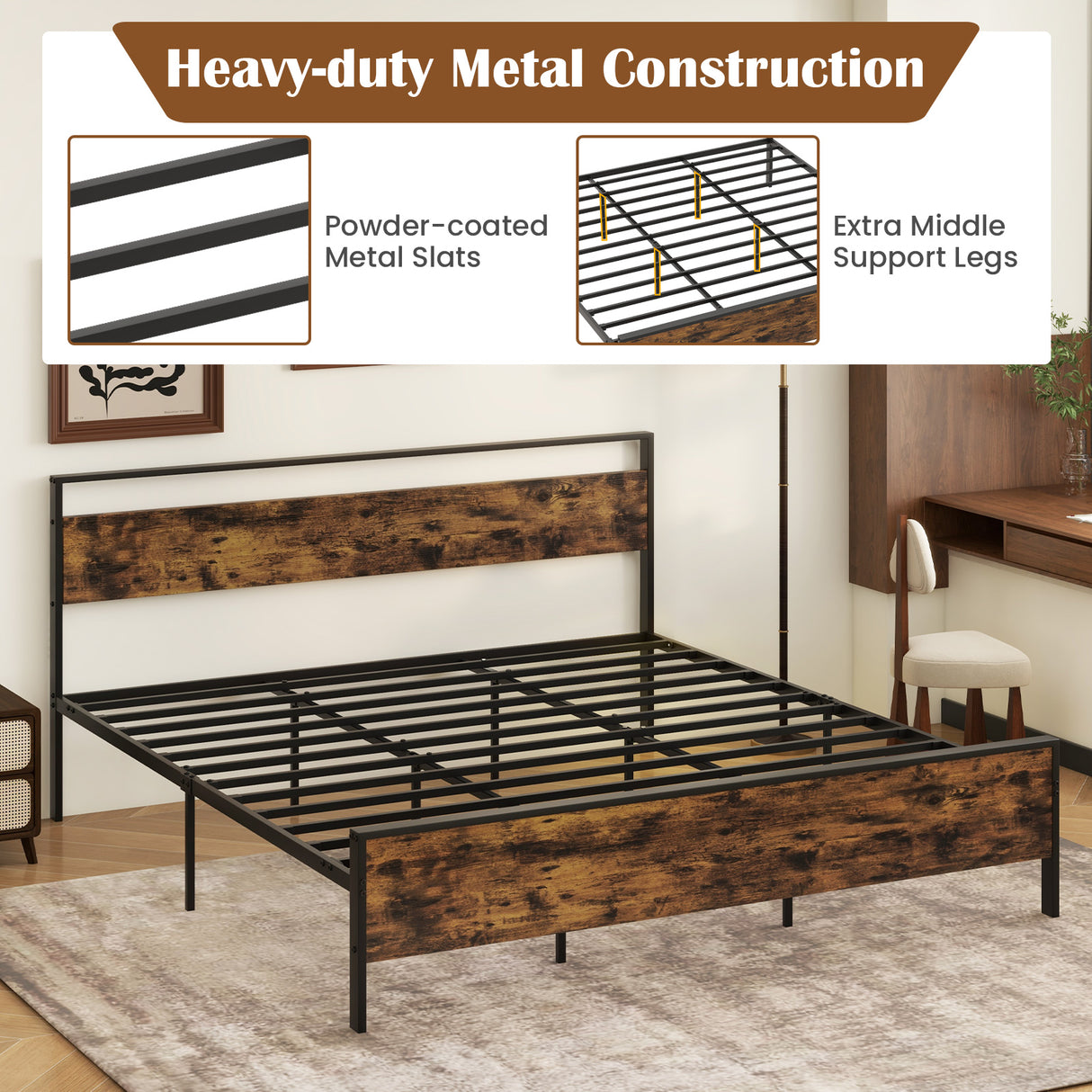 Twin Metal Bed Frame Industrial Platform Bed with Wooden Headboard