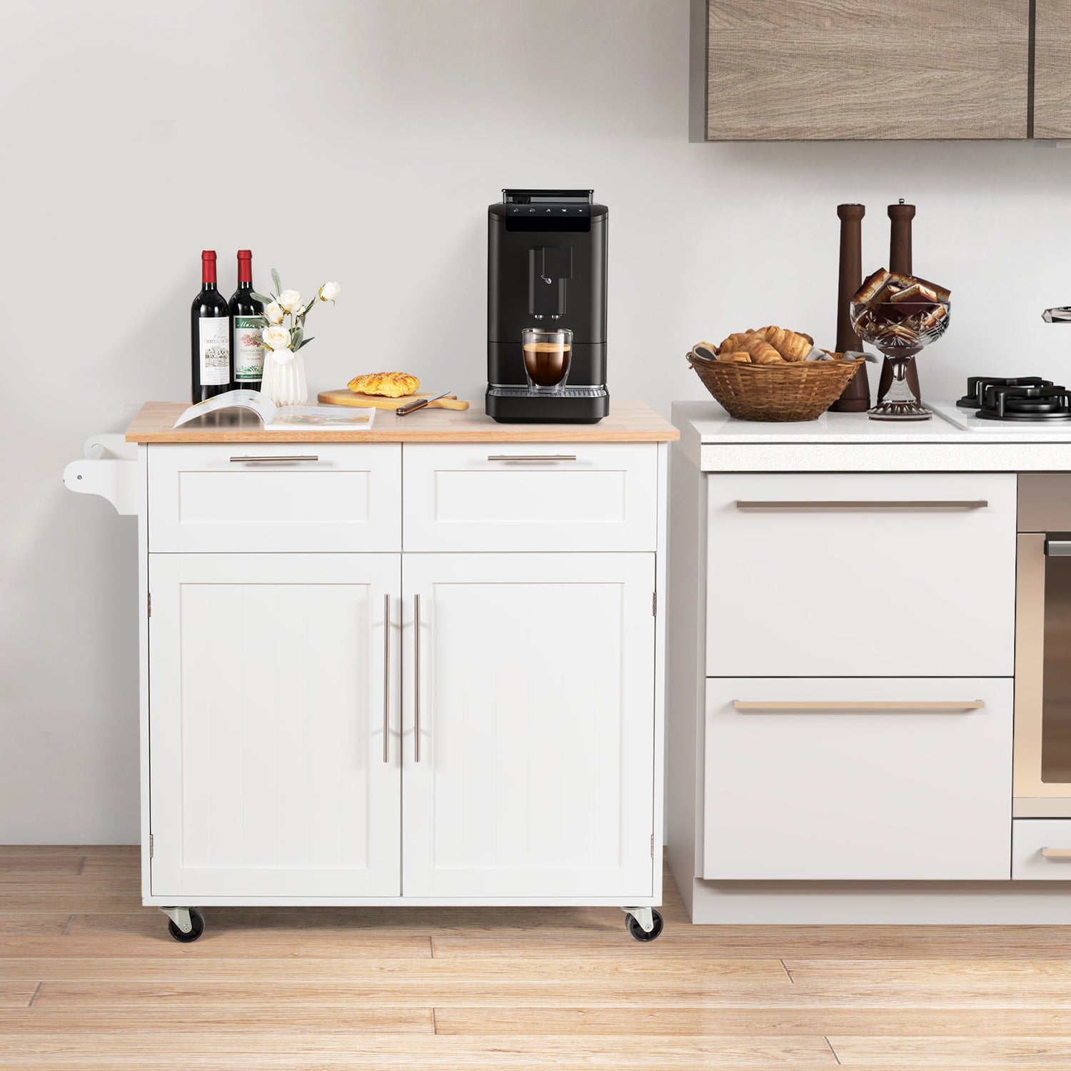Heavy Duty Rolling Kitchen Cart with Tower Holder and Drawer