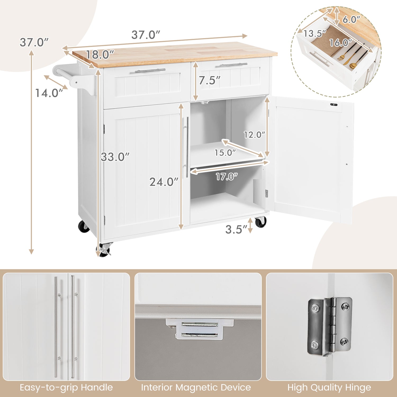 Heavy Duty Rolling Kitchen Cart with Tower Holder and Drawer