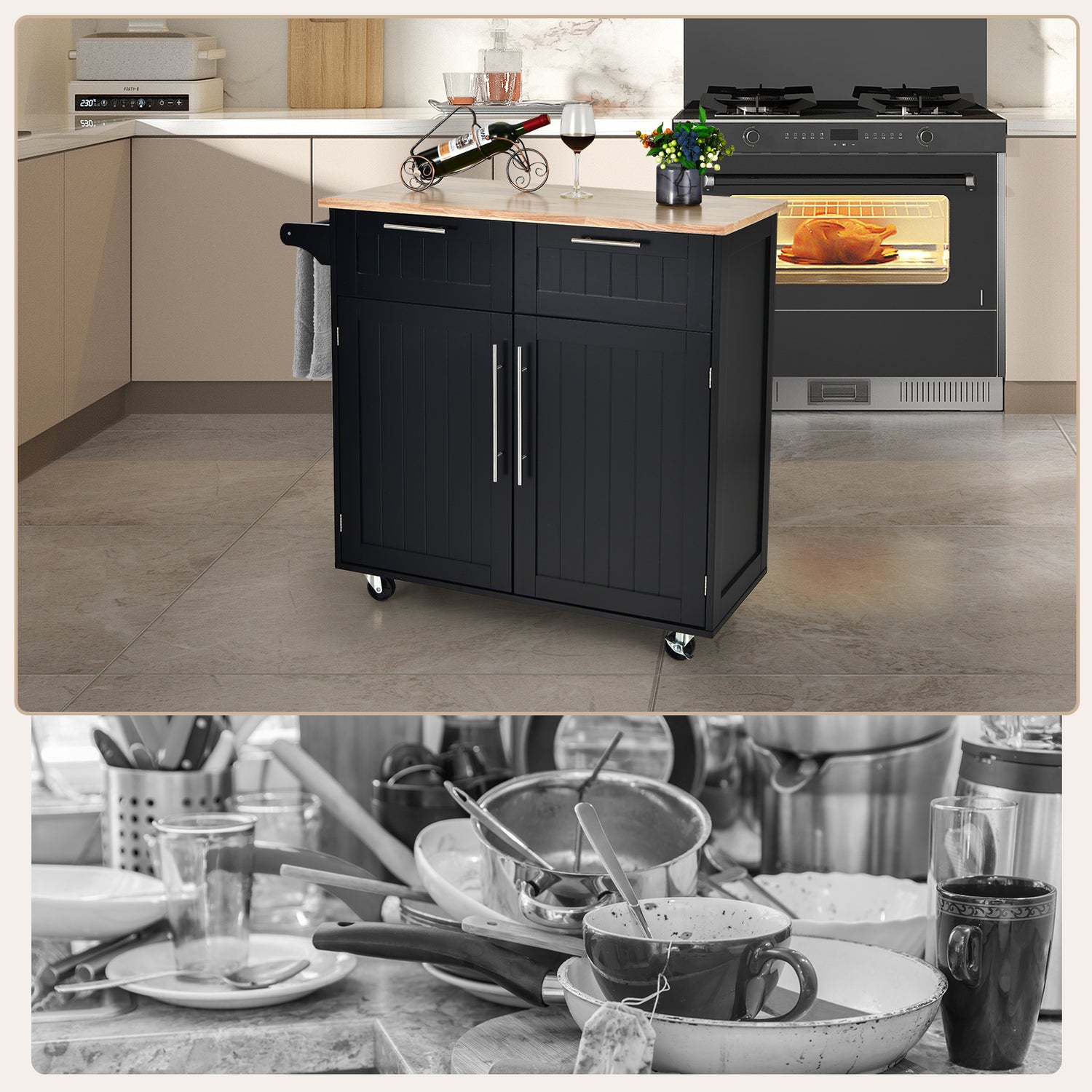 Heavy Duty Rolling Kitchen Cart with Tower Holder and Drawer