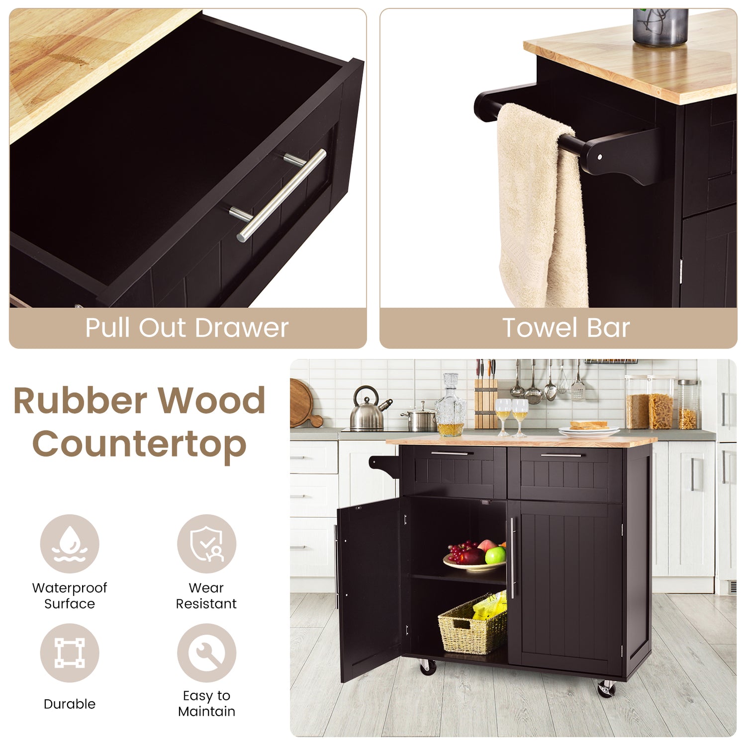 Heavy Duty Rolling Kitchen Cart with Tower Holder and Drawer
