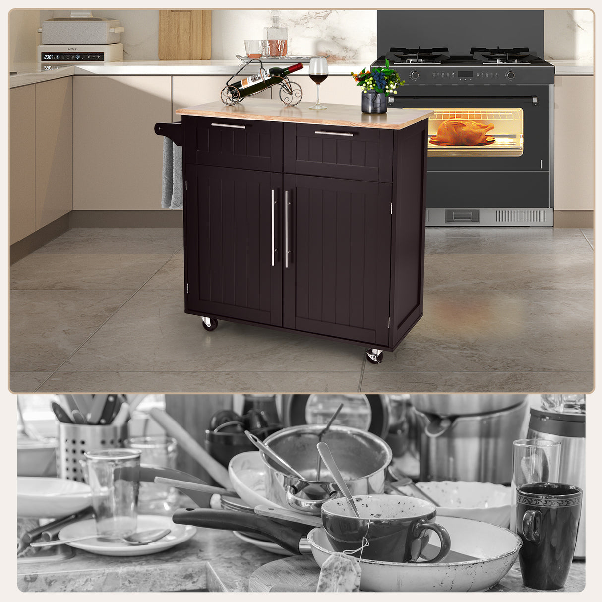 Heavy Duty Rolling Kitchen Cart with Tower Holder and Drawer