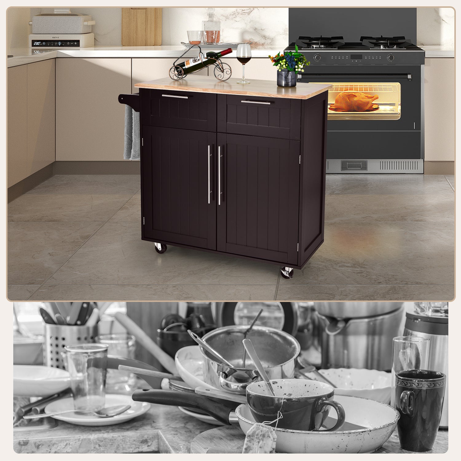 Heavy Duty Rolling Kitchen Cart with Tower Holder and Drawer