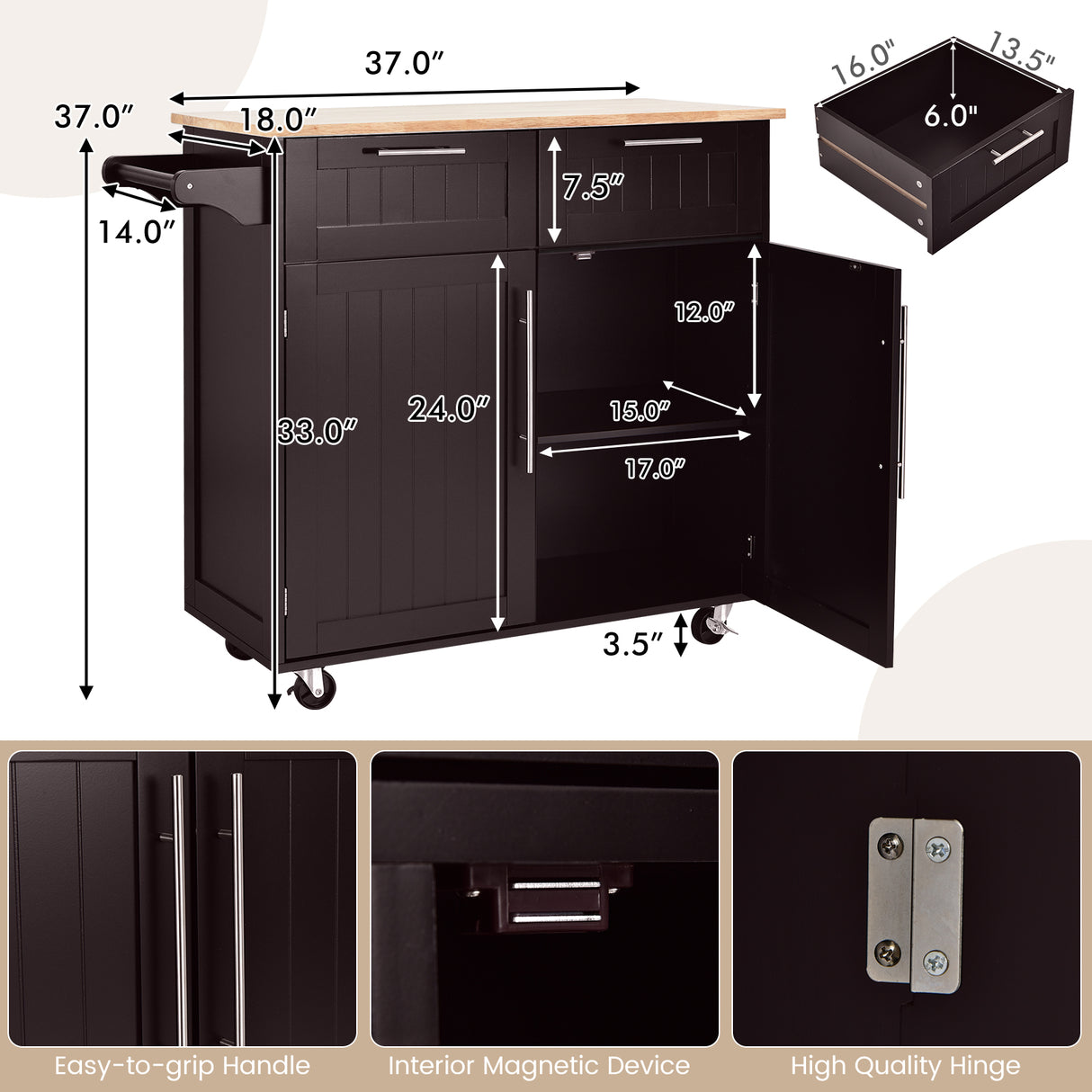 Heavy Duty Rolling Kitchen Cart with Tower Holder and Drawer