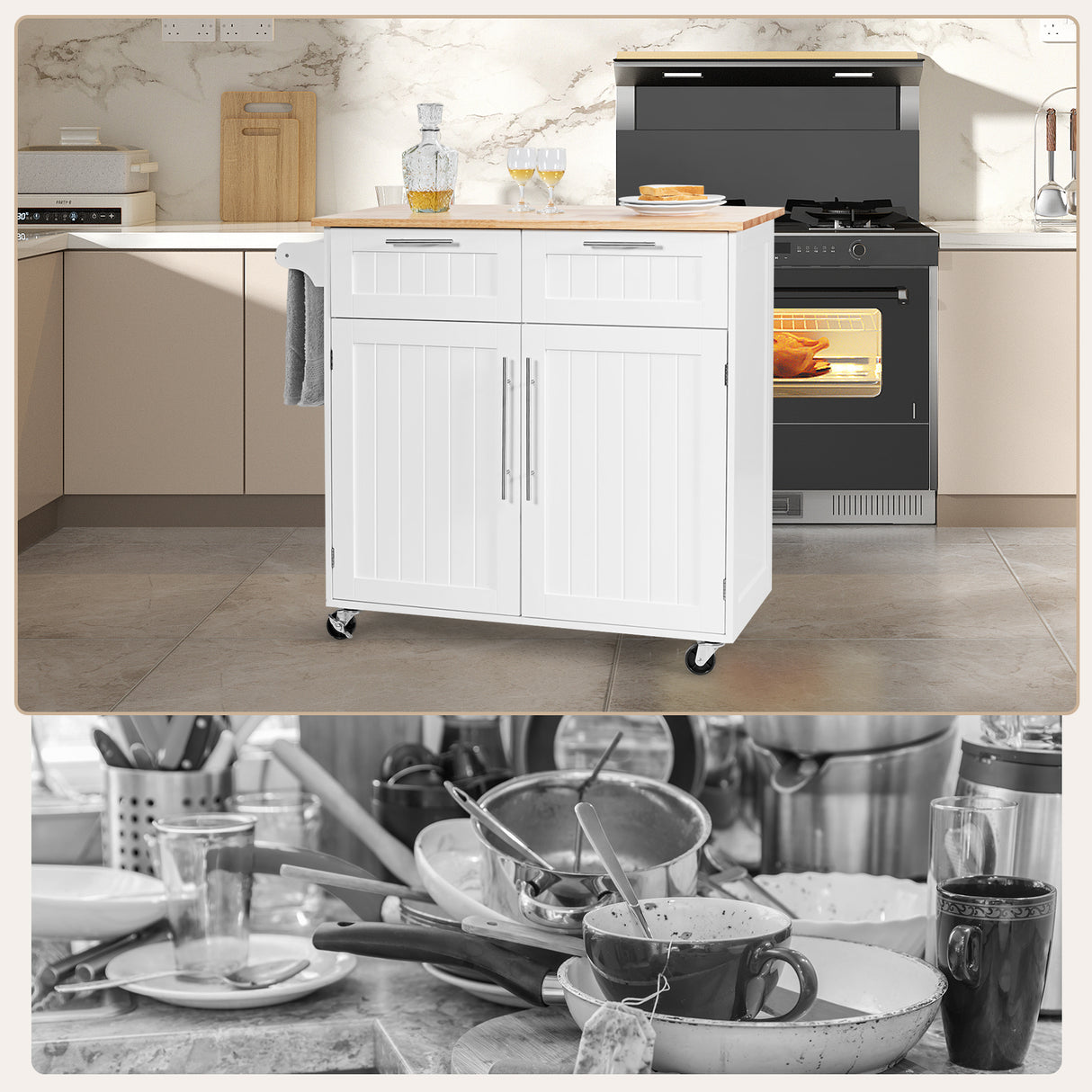 Heavy Duty Rolling Kitchen Cart with Tower Holder and Drawer