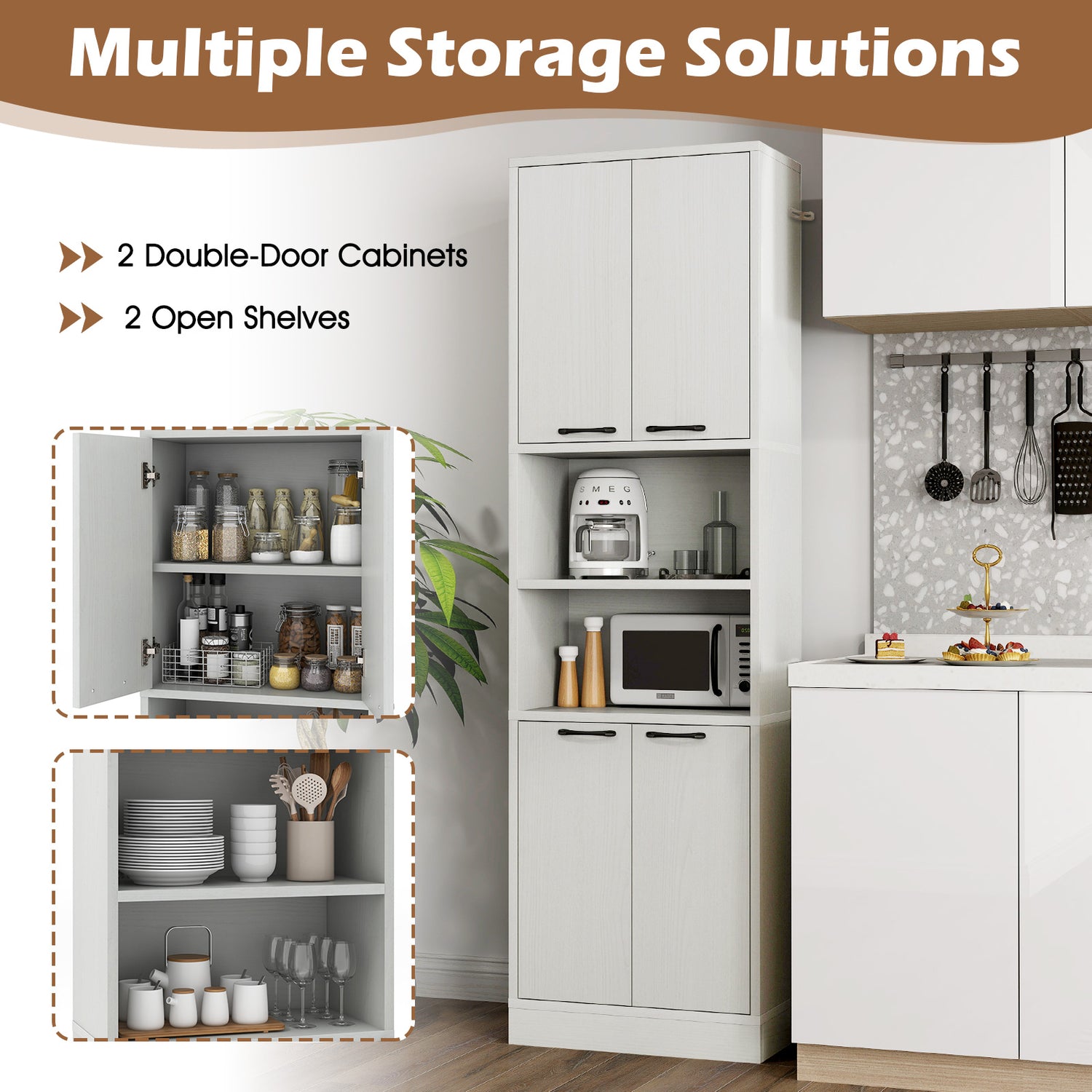 75 Inch Kitchen Pantry Cabinet Tall Cupboard with Doors and Shelves