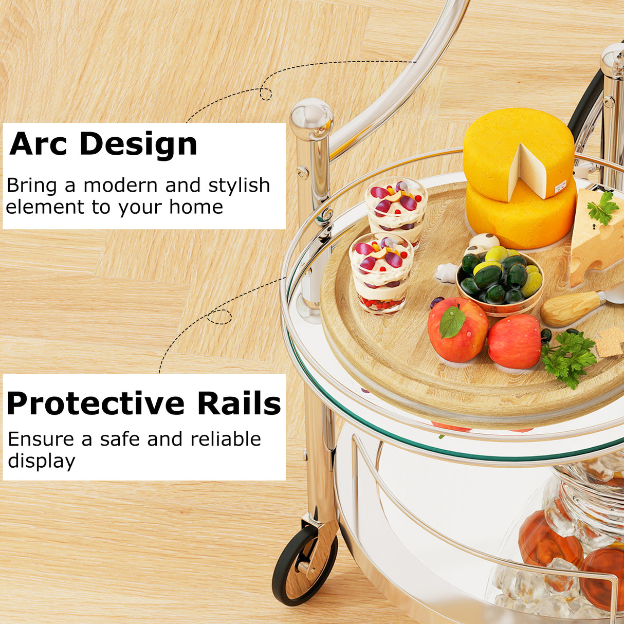 Kitchen Rolling Bar Cart with Tempered Glass Suitable for Restaurant and Hotel