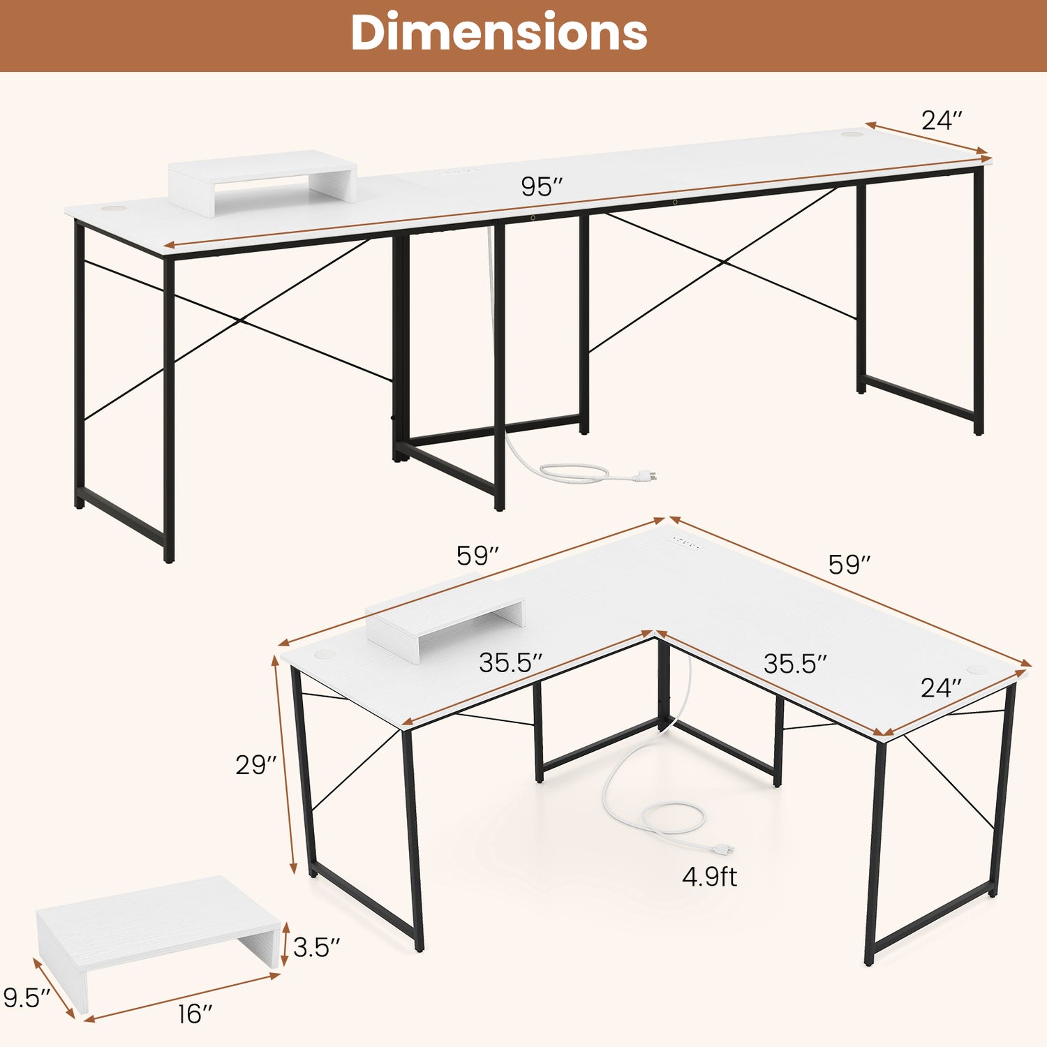 95 Inch 2-Person L-Shaped Long Reversible Computer Desk with Monitor Stand