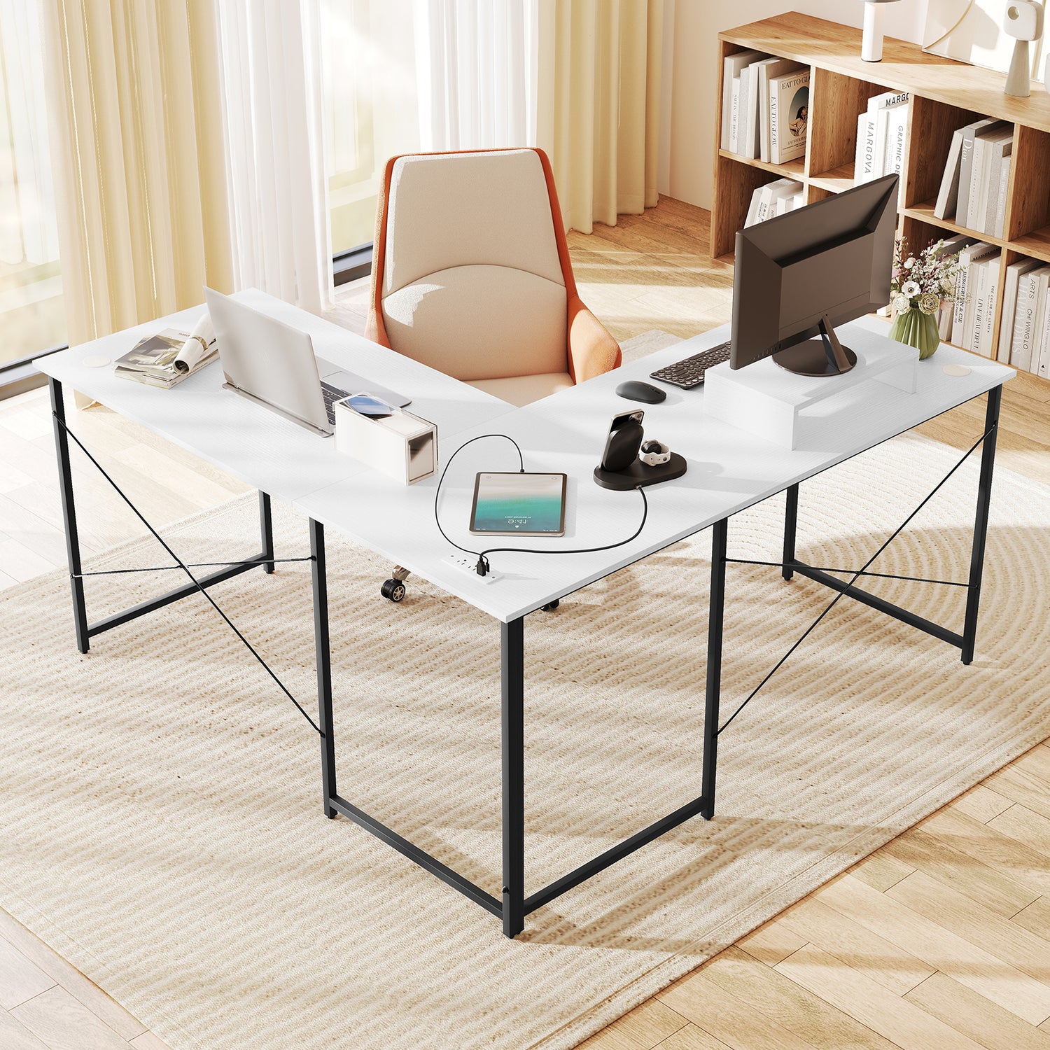 95 Inch 2-Person L-Shaped Long Reversible Computer Desk with Monitor Stand