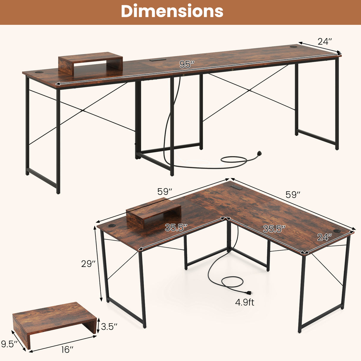 95 Inch 2-Person L-Shaped Long Reversible Computer Desk with Monitor Stand