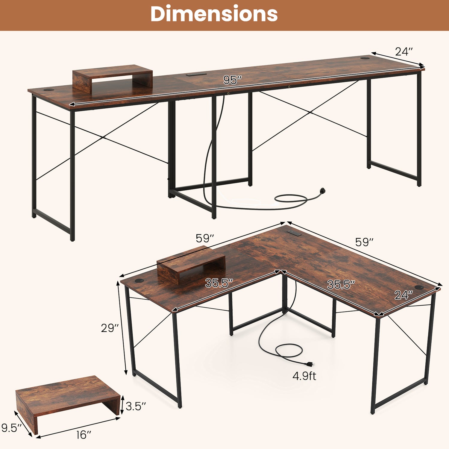 95 Inch 2-Person L-Shaped Long Reversible Computer Desk with Monitor Stand
