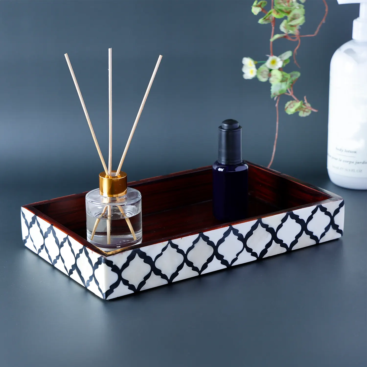 Vanity Trays Moroccan Pattern Bone & Resin Inlay Collection in 10x6, Black & White