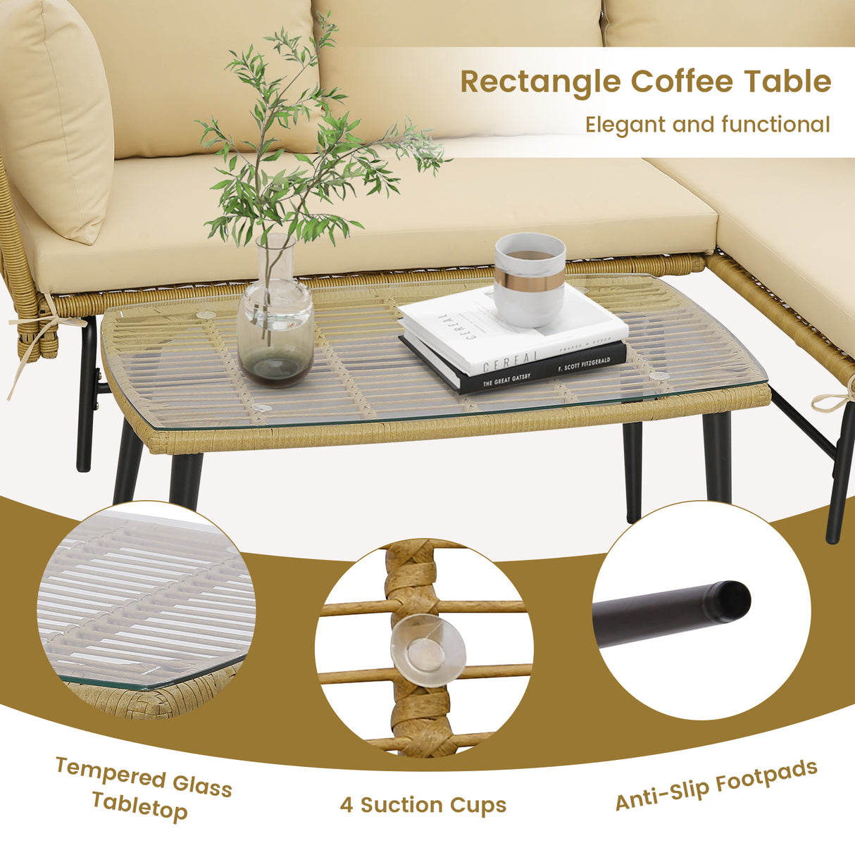 3 Pieces L-Shaped Patio Sofa with Cushions and Tempered Glass Table