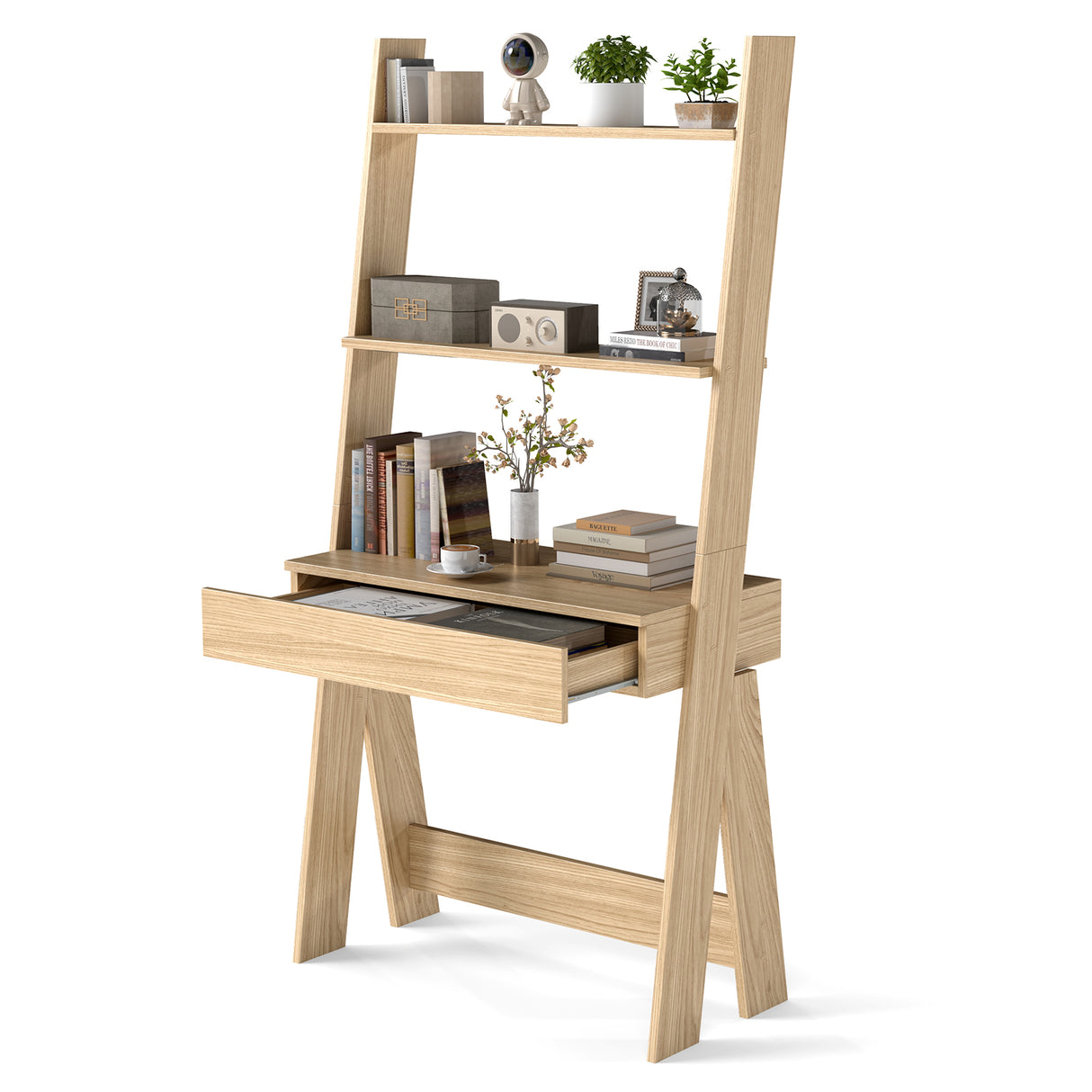 Ladder Shelf Desk Bookcase with Countertop Drawer and 2 Shelves