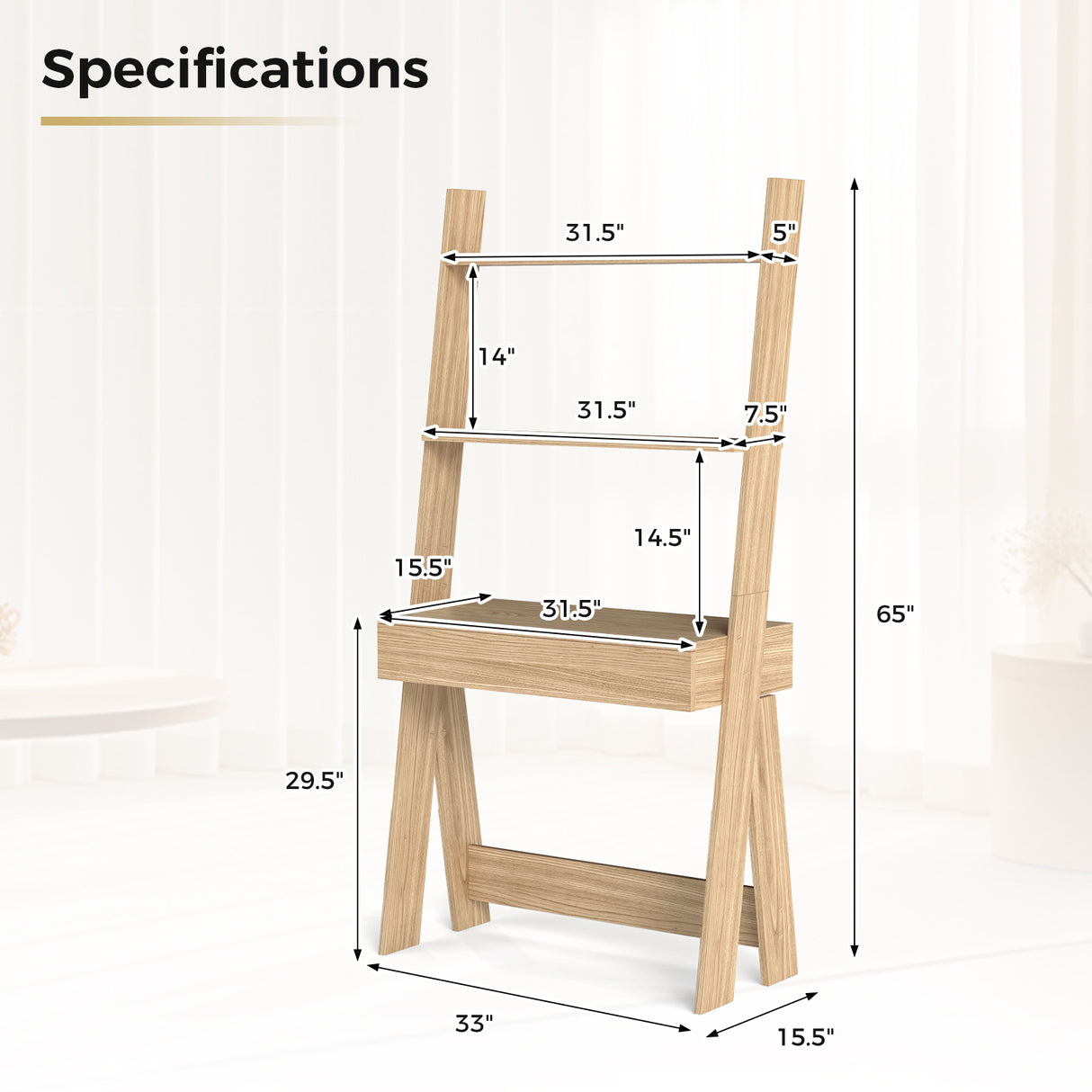Ladder Shelf Desk Bookcase with Countertop Drawer and 2 Shelves