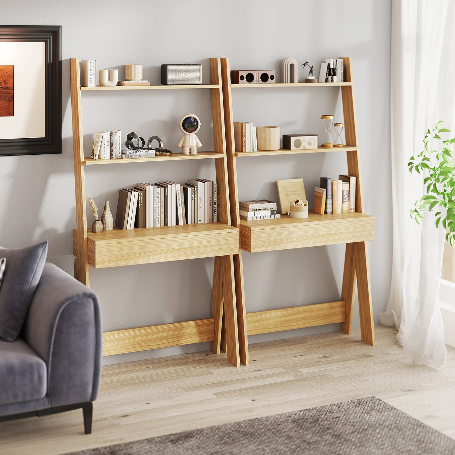 Ladder Shelf Desk Bookcase with Countertop Drawer and 2 Shelves