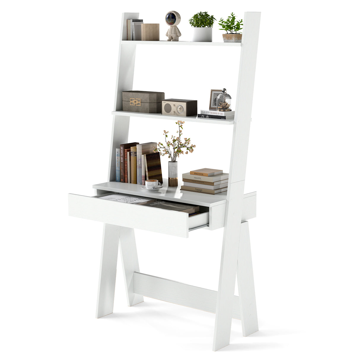 Ladder Shelf Desk Bookcase with Countertop Drawer and 2 Shelves