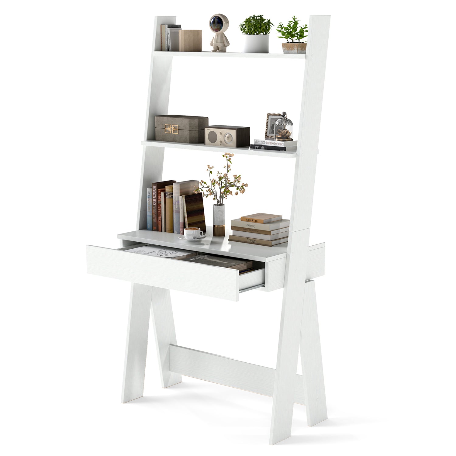 Ladder Shelf Desk Bookcase with Countertop Drawer and 2 Shelves