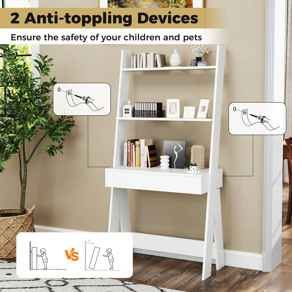 Ladder Shelf Desk Bookcase with Countertop Drawer and 2 Shelves