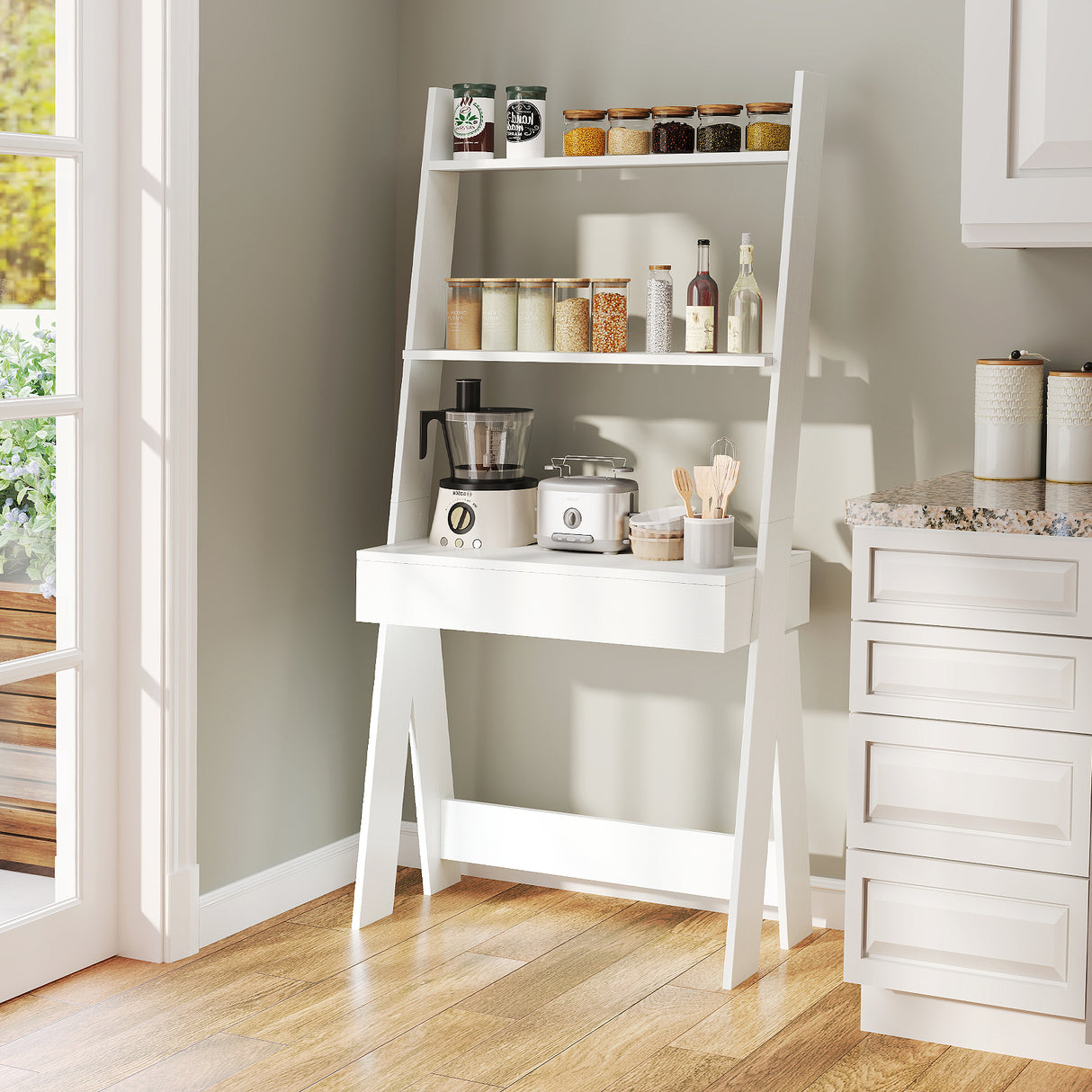 Ladder Shelf Desk Bookcase with Countertop Drawer and 2 Shelves