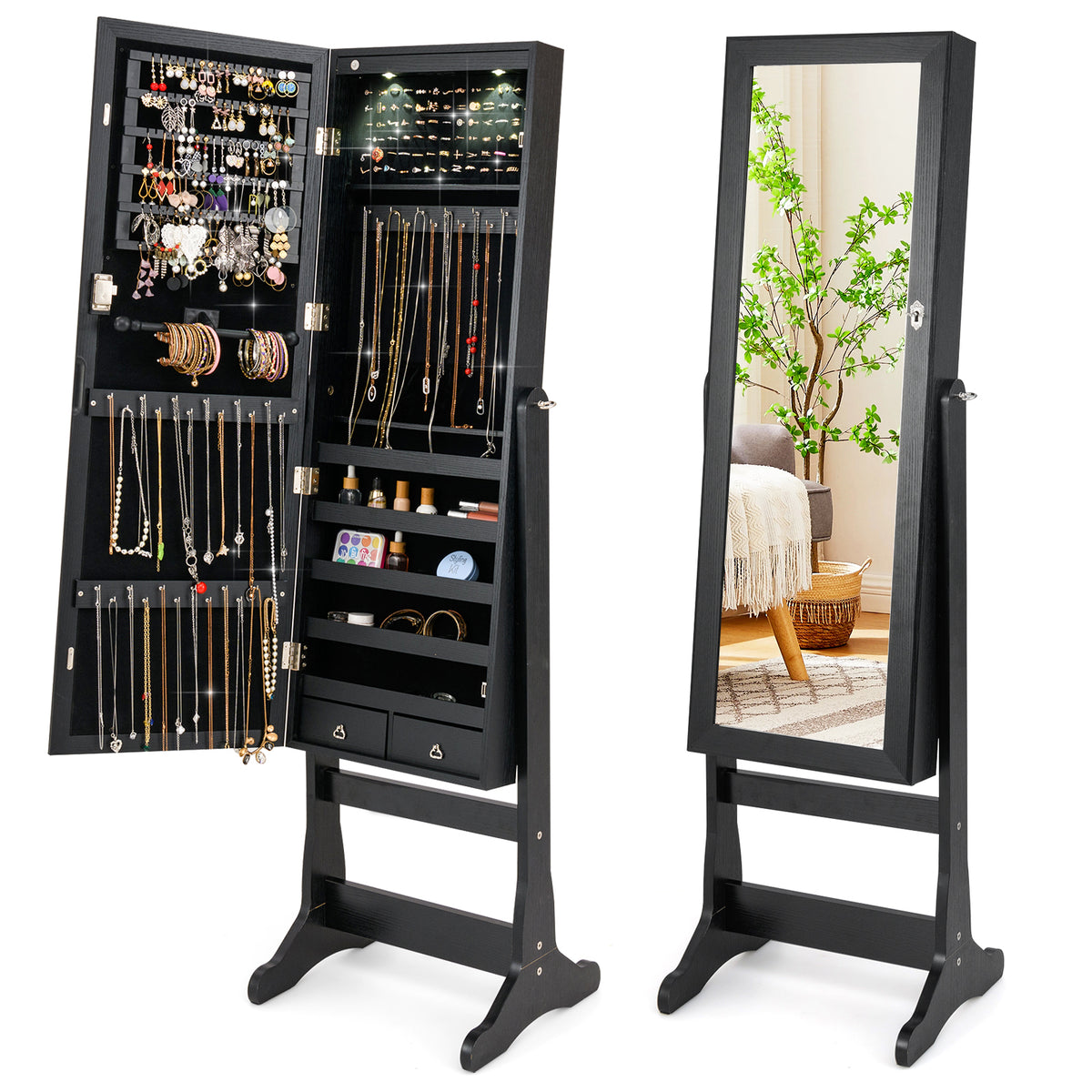 Lockable Freestanding Jewelry Cabinet Armoire with Full-Length Mirror and Lights