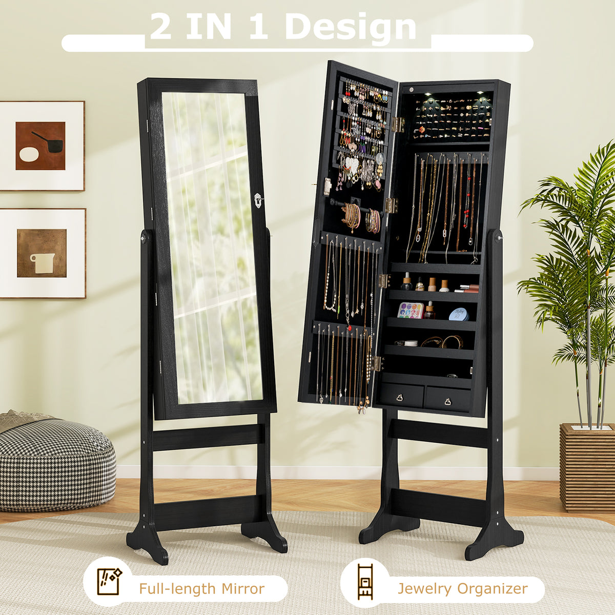 Lockable Freestanding Jewelry Cabinet Armoire with Full-Length Mirror and Lights