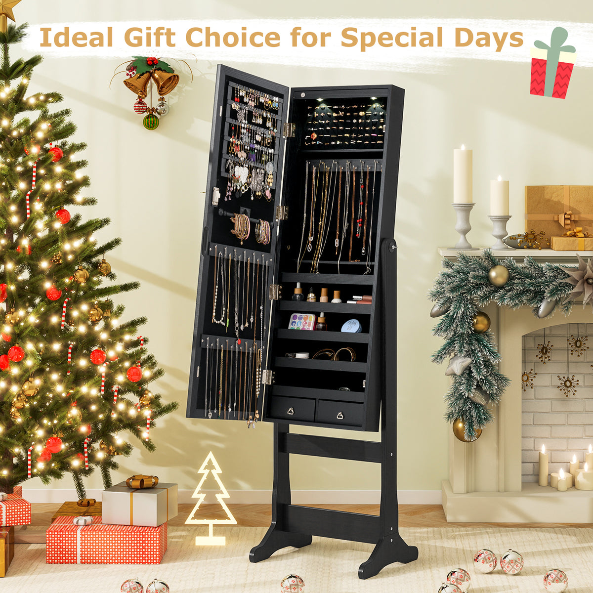 Lockable Freestanding Jewelry Cabinet Armoire with Full-Length Mirror and Lights