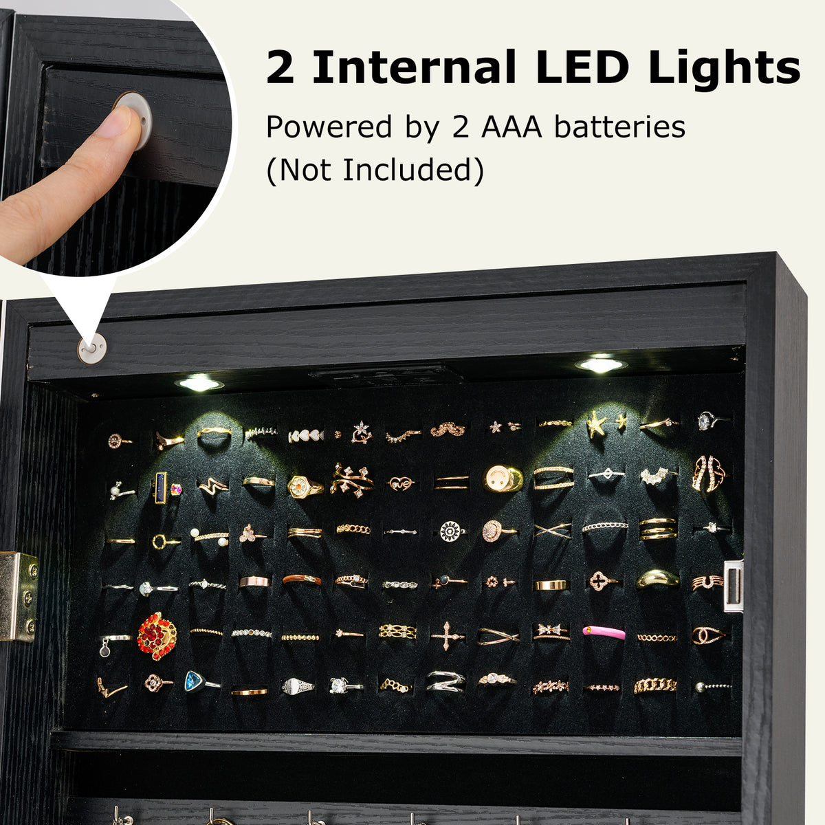 Lockable Freestanding Jewelry Cabinet Armoire with Full-Length Mirror and Lights
