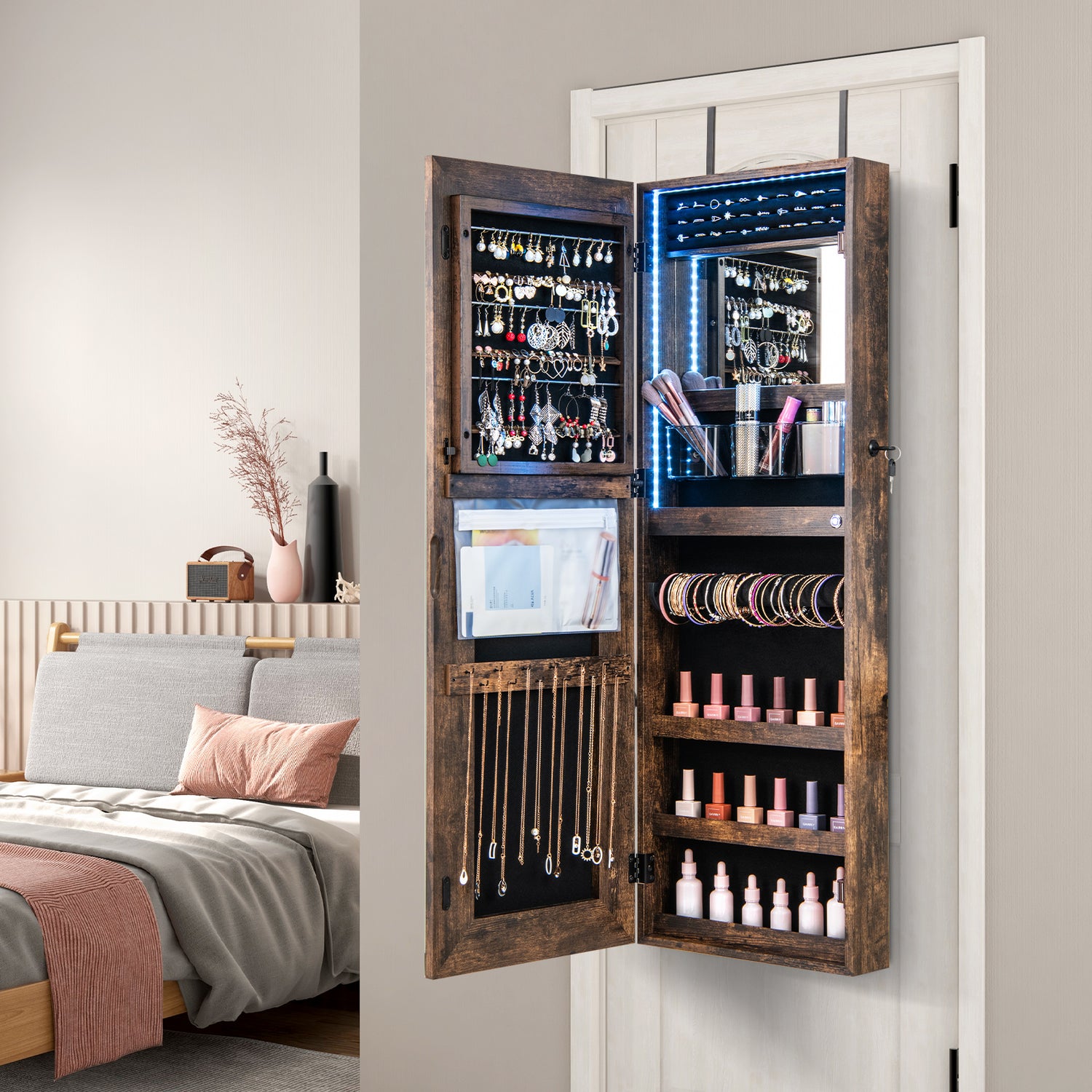 42.5 Inches Lockable Jewelry Mirror Wall Cabinet with 3-Color LED Lights