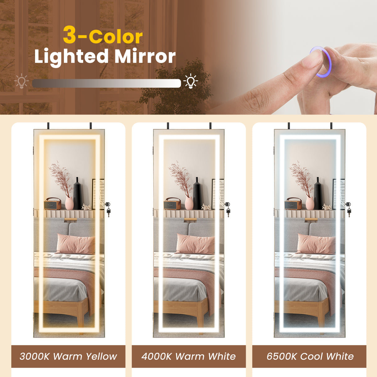42.5 Inches Lockable Jewelry Mirror Wall Cabinet with 3-Color LED Lights