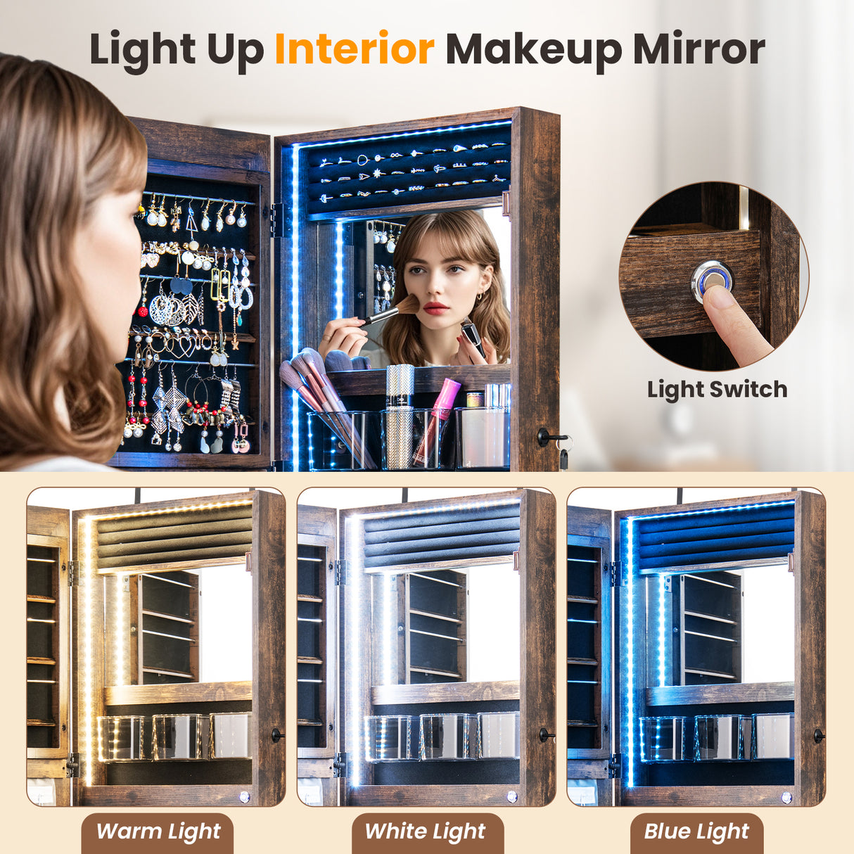 42.5 Inches Lockable Jewelry Mirror Wall Cabinet with 3-Color LED Lights