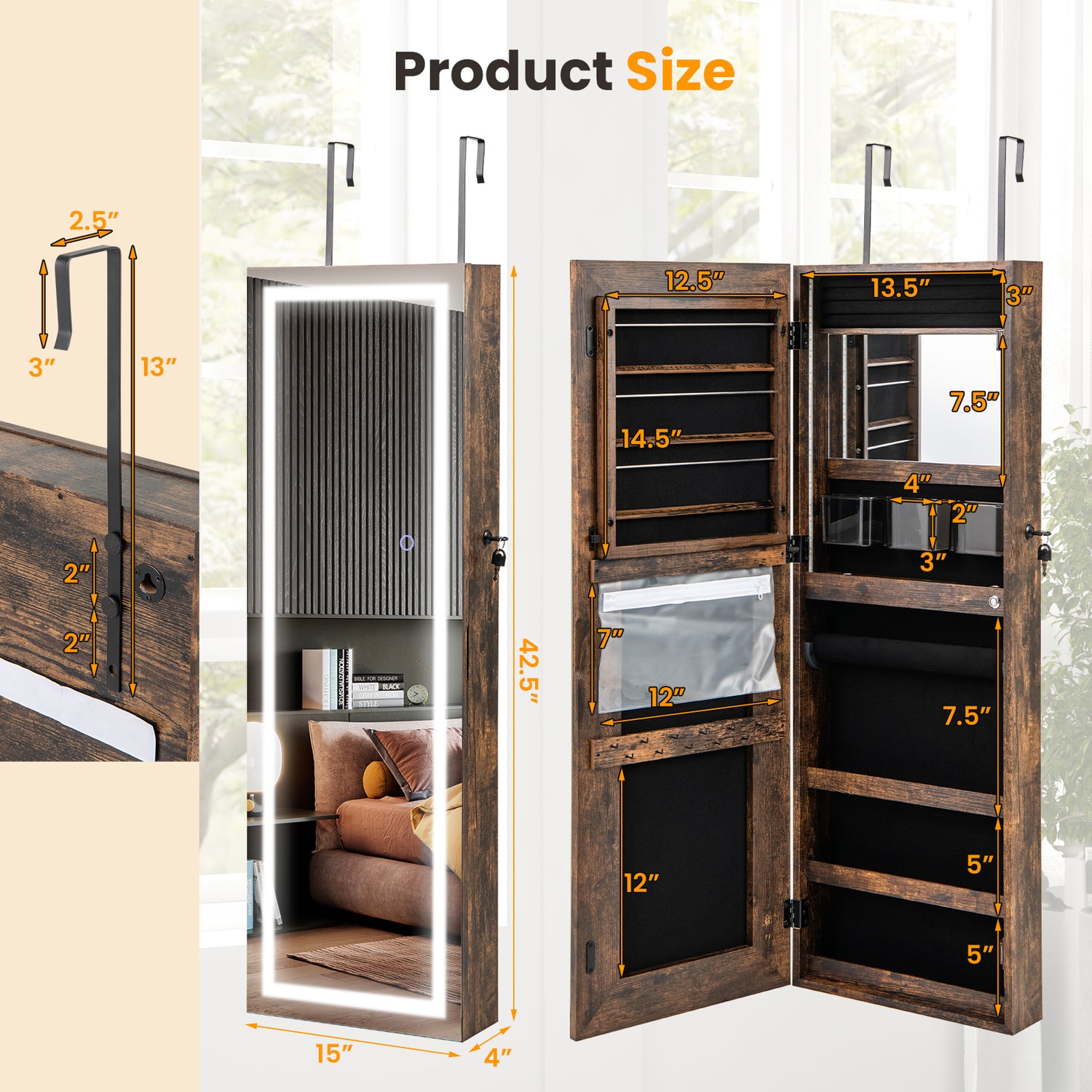 42.5 Inches Lockable Jewelry Mirror Wall Cabinet with 3-Color LED Lights