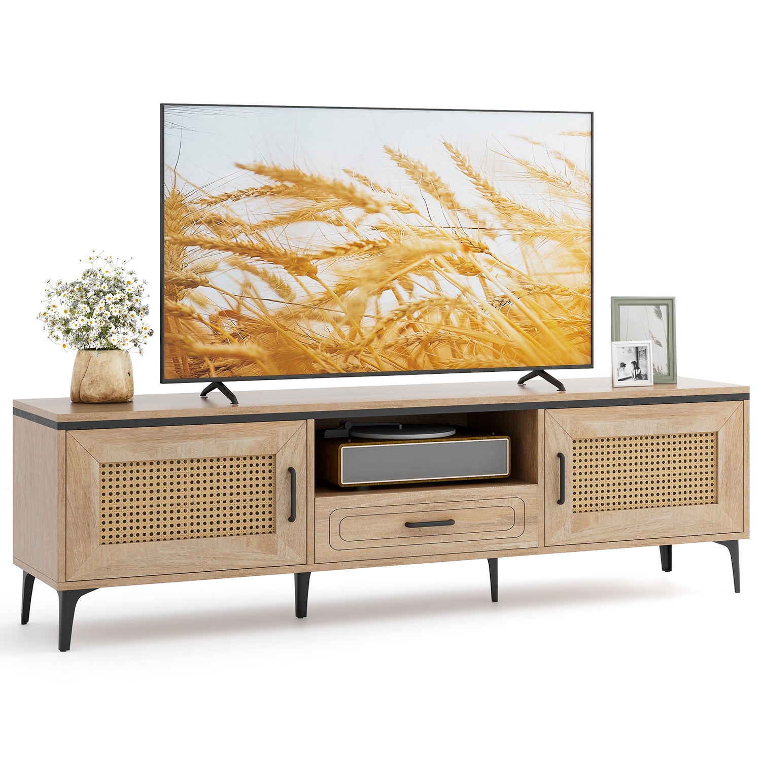 Mid Century Modern Entertainment Center with 2 Cabinets and Storage Drawer-Oak