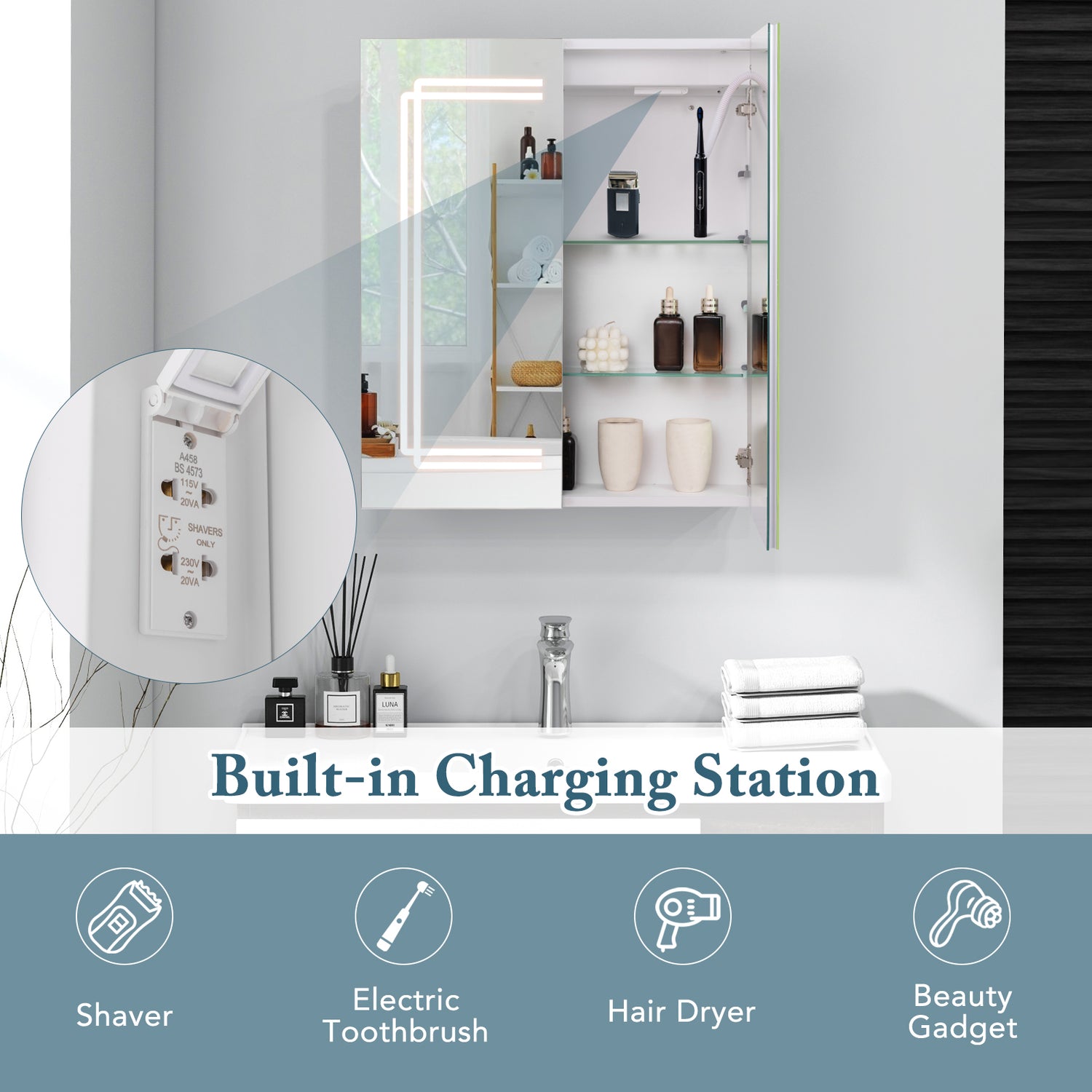 2 Doors Bathroom Mirror Medicine Wall Cabinet with Lights